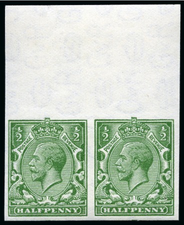 Stamp of Great Britain » King George V » 1924-36 Issues 1924-26 Wmk Block Cypher 1/2d green, wmk sideways, mint nh imperforate imprimatur top marginal horizontal pair