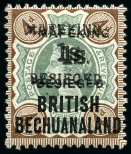 Stamp of South Africa » Mafeking 1900 1s on 4d green and purple-brown, SURCHARGE DOUBLE, one the seriffed surcharge type 1, the other sans-serif type 2