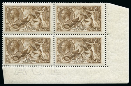 Stamp of Great Britain » King George V » 1913-19 Seahorse Issues 1915 De La Rue Seahorses 2s6d yellow-brown mint lower right corner marginal block of four