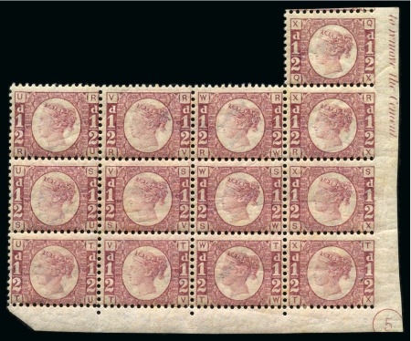 Stamp of Great Britain » 1854-70 Perforated Line Engraved 1870 1/2d Rose pl.5 QX/TX mint irregular corner marginal block of thirteen