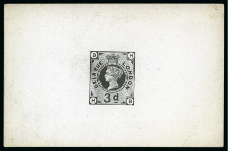 Stamp of Great Britain » 1855-1900 Surface Printed » 1887-1900 Jubilee Issue & 1891 £1 Green 1884ca. De La Rue 3d die proof essay for an unissued design, lettered HB, in black on white glazed card