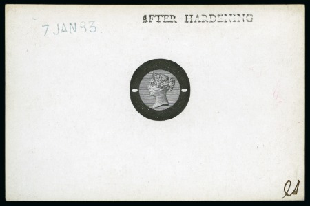 Stamp of Great Britain » 1855-1900 Surface Printed » 1883-84 Lilac & Green Issue 1883 Small Head die proof with uncleared surround printed in black on white glazed card