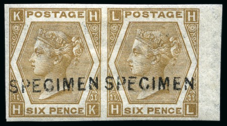Stamp of Great Britain » 1855-1900 Surface Printed » 1867-80 Large Uncoloured Corner Letters, Wmk Spray of Rose 1872-73 6d Chestnut pl.11 imperforate right marginal horizontal pair lettered overprinted "SPECIMEN" type 6