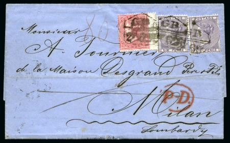 Stamp of Great Britain » 1854-1900 Postal History of the Perforated Line Engraved and Surface Printed Issues 1858 (Apr 24) Entire from London to Milan with stamps cancelled by an Anglo-French "GB/ 2f 62c" accountancy handstamp