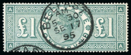 Stamp of Great Britain » 1855-1900 Surface Printed » 1887-1900 Jubilee Issue & 1891 £1 Green 1891 £1 Green AA with crisp Belfast SE 17 95 cds, very fine