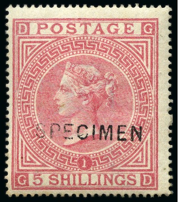 Stamp of Great Britain » 1855-1900 Surface Printed » 1867-83 High Values 1867-83 Wmk MC 5s rose pl.1 GD with "SPECIMEN" type 6 overprint, regummed