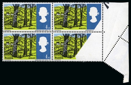 Stamp of Great Britain » Queen Elizabeth II 1966 Landscapes 4d mint nh right marginal block of four, stamp with the FACE VALUE OMITTED caused by paper fold