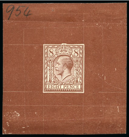 Stamp of Great Britain » King George V » 1912-24 Profile Head Issues 1912 8d Eve's pillar design die proof with uncleared surround showing guide lines in brown on surfaced proof paper