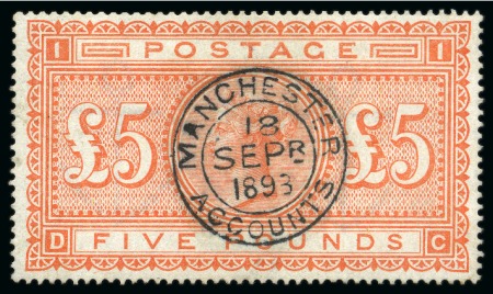 Stamp of Great Britain » 1855-1900 Surface Printed » 1867-83 High Values 1867-83 £5 Orange pl.1 on white paper cancelled by a crisp MANCHESTER / ACCOUNTS cds