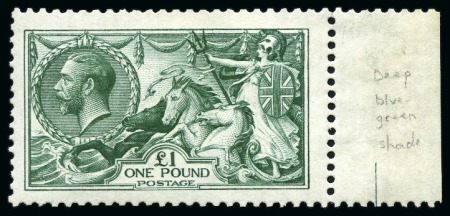 Stamp of Great Britain » King George V » 1913-19 Seahorse Issues 1913 Waterlow Seahorses £1 deep blue-green mint nh left marginal