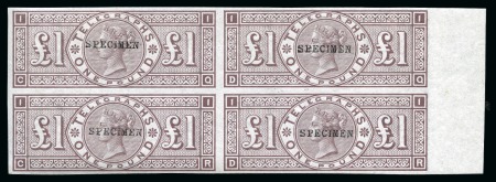 Stamp of Great Britain » Telegraphs 1877 Telegraph £1 brown-lilac pl.1 mint nh left hand marginal imperforate block of four overprinted "SPECIMEN" type 9