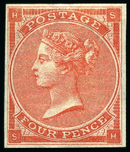 Stamp of Great Britain » 1855-1900 Surface Printed » 1862-64 Small Uncoloured Corner Letters 1862-64 4d Bright Red pl.3 mint og imperforate imprimatur