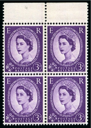 Stamp of Great Britain » Queen Elizabeth II 1959 Wildings 3d deep violet "Dollis Hill Phosphor Trial" mint nh perforated top marginal block of four with a 4mm blue phosphor band printed over the ink between the two stamps