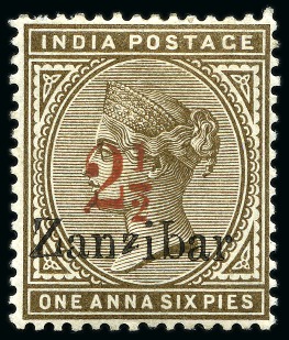 Stamp of Zanzibar 1895-98 2 1/2d (type 6) on 1a6p sepia showing surcharge double, one albino and variety "second z Gothic"