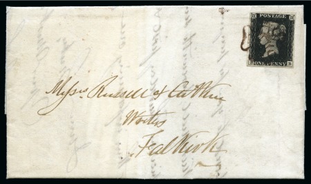 Stamp of Great Britain » 1840 1d Black and 1d Red plates 1a to 11 1840 (Aug 18) Entire from Glasgow to Falkirk (Scotland) with 1840 1d blaxck pl.1b tied by PURPLE-BROWN MC