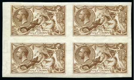 Stamp of Great Britain » King George V » 1913-19 Seahorse Issues 1915 De La Rue Seahorses 2s6d imperforate colour trial in yellow-brown in mint block of four