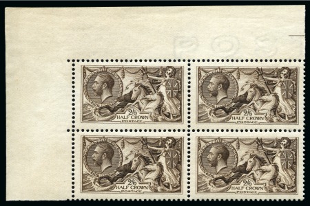 Stamp of Great Britain » King George V » 1913-19 Seahorse Issues 1913 Waterlow Seahorses 2s6d deep sepia brown  showing re-entry from position R.2/1 in mint corner marginal block of four