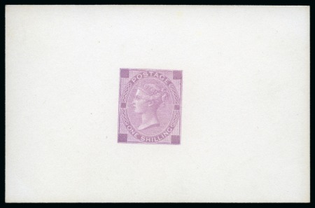 Stamp of Great Britain » 1855-1900 Surface Printed » 1867-80 Large Uncoloured Corner Letters, Wmk Spray of Rose 1870 1s Die proof printed in mauve on white matt card (92x60mm), produced by DLR for the 1870 International Exhibition