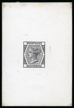 Stamp of Great Britain » 1855-1900 Surface Printed » 1873-80 Large Coloured Corner Letters 1873-80 De La Rue 6d die proof, without corner letters or plate numbers, printed in black on white glazed card