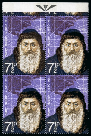 Stamp of Great Britain » Queen Elizabeth II 1972 British Polar Explorers 7 1/2p with GOLD OMITTED (Queen's head) on each stamp in top marginal block of four