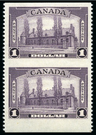 Stamp of Canada 1937-38 $1 Violet 'Chateau de Ramezay' mint nh lower marginal vertical pair error IMPERFORATE HORIZONTALLY