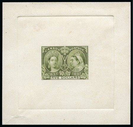 Stamp of Canada 1897 Jubilee $5 die proof in olive green (issued colour) on India paper on sunken on card
