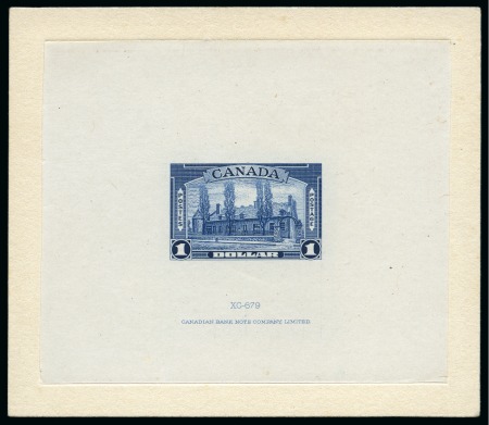 Stamp of Canada 1937-38 $1 'Chateau Ramezay' large colour trial die proof in BLUE on India paper on sunken card