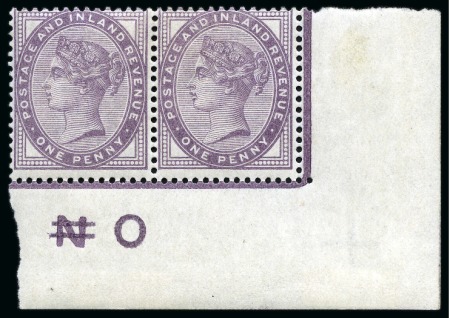 Stamp of Great Britain » 1855-1900 Surface Printed » 1880-81 Provisional Issue and 1881 1d Lilac 1881 1d Lilac die II mint lower right hand corner marginal control pair with "O over N"