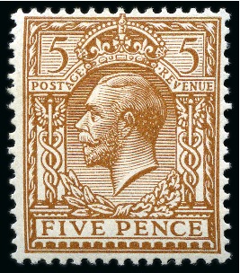 Stamp of Great Britain » King George V » 1912-24 Profile Head Issues 1912-24 Wmk Royal Cypher 5d reddish brown mint nh with NO WATERMARK variety