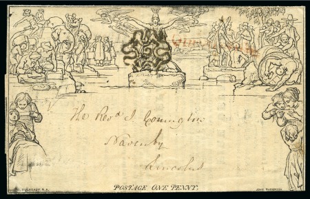 Stamp of Great Britain » 1840 Mulreadys & Caricatures 1843 1d Mulready lettersheet with printed advert for the Atlas Insurance Co., neatly cancelled by a London "2" in MC 