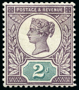 Stamp of Great Britain » 1855-1900 Surface Printed » 1887-1900 Jubilee Issue & 1891 £1 Green 1887-1900 Jubilee issue 2d colour trial with head plate in purple and duty tablet in bottle green