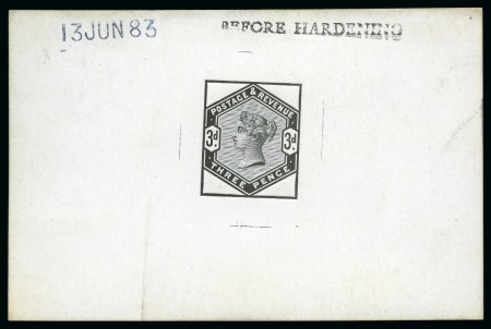 Stamp of Great Britain » 1855-1900 Surface Printed » 1883-84 Lilac & Green Issue 1883-84 Lilac & Green issue De La Rue 3d die proof in black on white glazed card