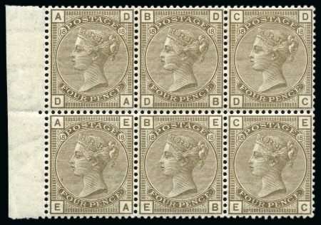 Stamp of Great Britain » 1855-1900 Surface Printed » 1880-83 Large Coloured Corner Letters, Wmk Imperial Crown 1880-83 4d Grey-Brown pl.18 DA/EC mint left marginal block of six