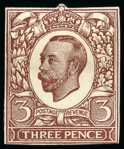 Stamp of Great Britain » King George V » 1911-12 Downey Head Issues 1911 3d Engravers Sketch Die for the unissued value, cut down die proof used as a colour trial printed in brown