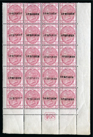 Stamp of Great Britain » 1855-1900 Surface Printed » 1873-80 Large Coloured Corner Letters 1873-80 3d Rose pl.19 corner marginal pane of 20 with "SPECIMEN" type 9 overprint