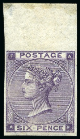 Stamp of Great Britain » 1855-1900 Surface Printed » 1862-64 Small Uncoloured Corner Letters 1862-64 6d Lilac p.4 (with hair lines) mint og top marginal imperforate imprimatur