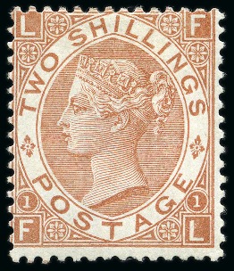 Stamp of Great Britain » 1855-1900 Surface Printed » 1867-80 Large Uncoloured Corner Letters, Wmk Spray of Rose 1867-80 2s Brown pl.1 mint og, a very fine and fresh example of this very rare adhesive