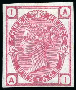 Stamp of Great Britain » 1855-1900 Surface Printed » 1873-80 Large Coloured Corner Letters 1873-80 3d Rose pl.16 imperforate imprimatur, mint hr