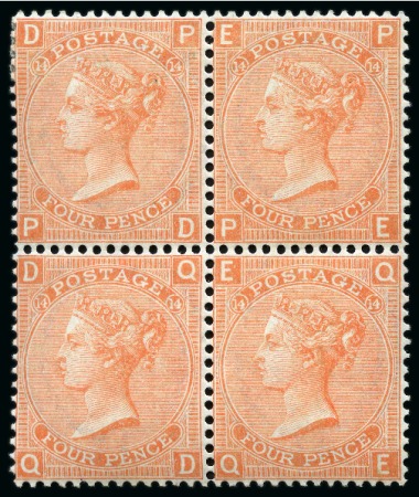 Stamp of Great Britain » 1855-1900 Surface Printed » 1865-67 Large Uncoloured Corner Letters, Wmk Large Garter & Emblems 1865-67 4d Dull vermilion pl.14 PD/QE mint block of four