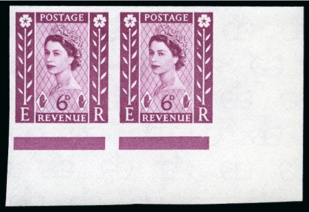 Stamp of Great Britain » Regionals - Northern Ireland 1962 Northern Ireland 6d Deep Claret (whiter paper) mint imperforate imprimatur in lower right corner marginal pair