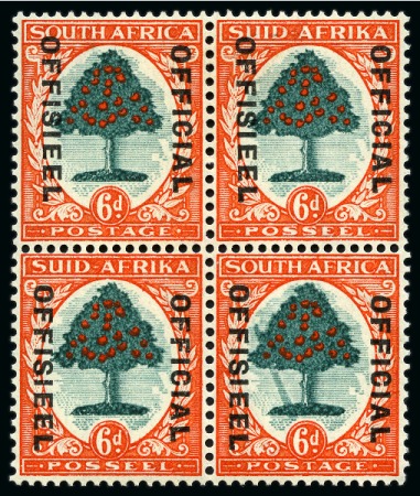 Stamp of South Africa » Union & Republic of South Africa Officials: 1935-49 "SUID-AFRIKA" hyphenated 6d green and vermilion die I, showing 'FALLING LADDER' variety in mint block of four