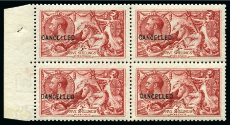 Stamp of Great Britain » King George V » 1913-19 Seahorse Issues 1915 De La Rue Seahorses 5s carmine with "CANCELLED" type 24 overprint in mint left marginal block of four