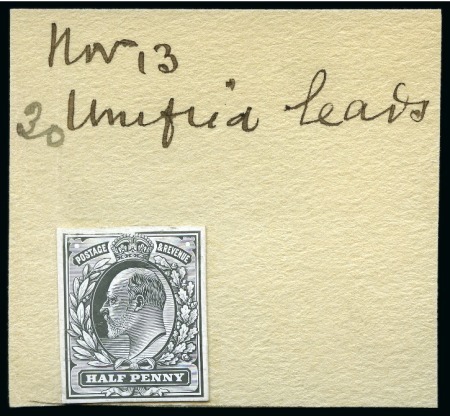 Stamp of Great Britain » King Edward VII » 1902-10 De La Rue Issues 1902-10 De La Rue 1/2d die proof printed in black on white glazed card, cut to stamp-size on striking book piece