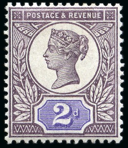 Stamp of Great Britain » 1855-1900 Surface Printed » 1887-1900 Jubilee Issue & 1891 £1 Green 1887-1900 Jubilee issue 2d colour trial with head plate in purple and duty tablet in bright purple