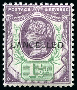 Stamp of Great Britain » 1855-1900 Surface Printed » 1887-1900 Jubilee Issue & 1891 £1 Green 1887-1900 Jubilee issue 1 1/2d purple & green with "CANCELLED" type 14 overprint