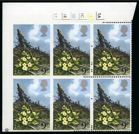 Stamp of Great Britain » Queen Elizabeth II 1979 Wild Flowers 9p imperforate vertical pair in top left hand corner marginal cylinder block of six