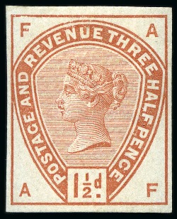 Stamp of Great Britain » 1855-1900 Surface Printed » 1883-84 Lilac & Green Issue 1883-84 Lilac & Green 1 1/2d imperforate colour trial in orange-brown, mint hr