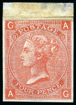 Stamp of Great Britain » 1855-1900 Surface Printed » 1865-67 Large Uncoloured Corner Letters, Wmk Large Garter & Emblems 1865-67 4d Vermilion pl.8 mint top marginal imperforate imprimatur