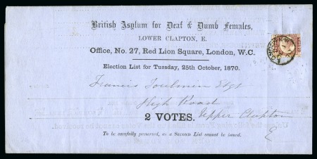 Stamp of Great Britain » 1854-70 Perforated Line Engraved 1870 1/2d Rose-Red pl.1 JT on printed voting circular sent on the FIRST DAY OF ISSUE