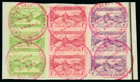 Stamp of New Zealand 1925 Dunedin Exhibition set of three in vertical strips of three affixed to ledger piece from the Madagascar UPU archive